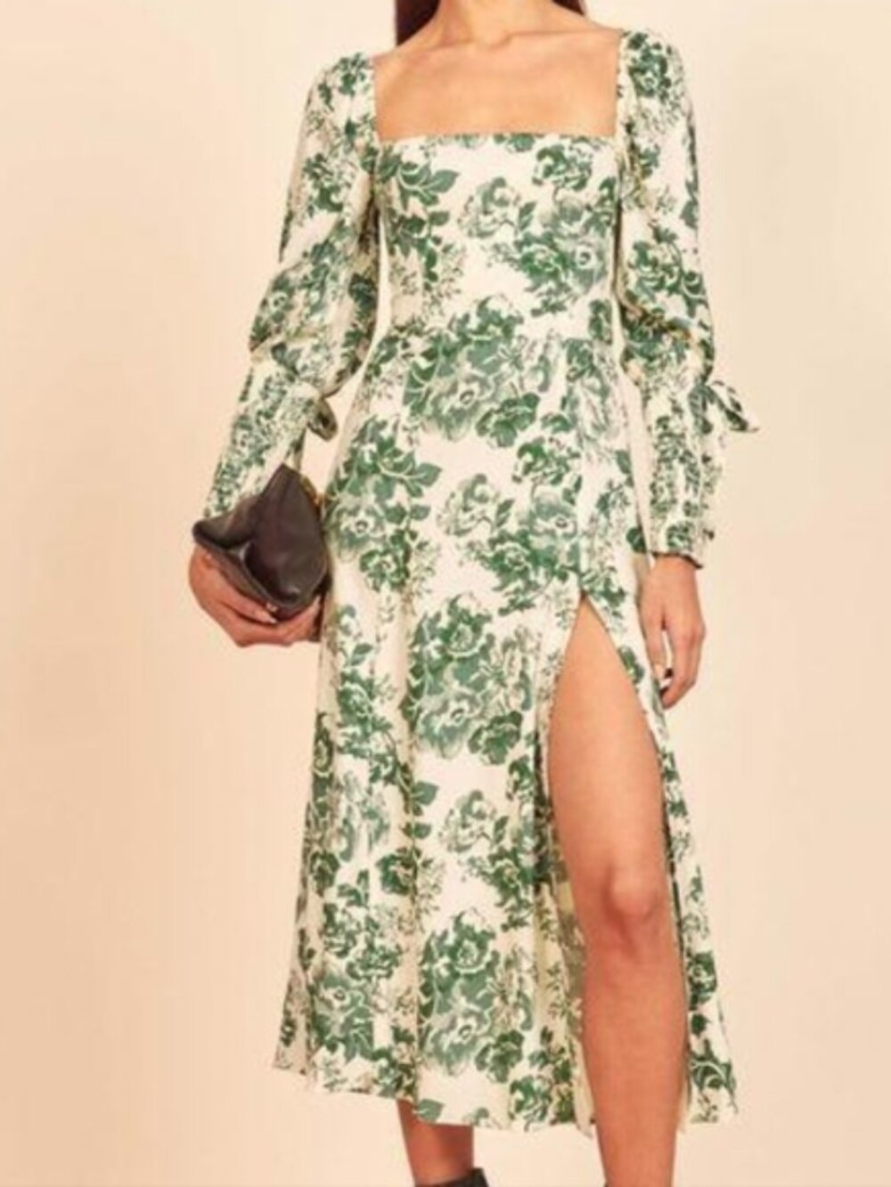 Reformation Green Cream Floral Midi Dress
